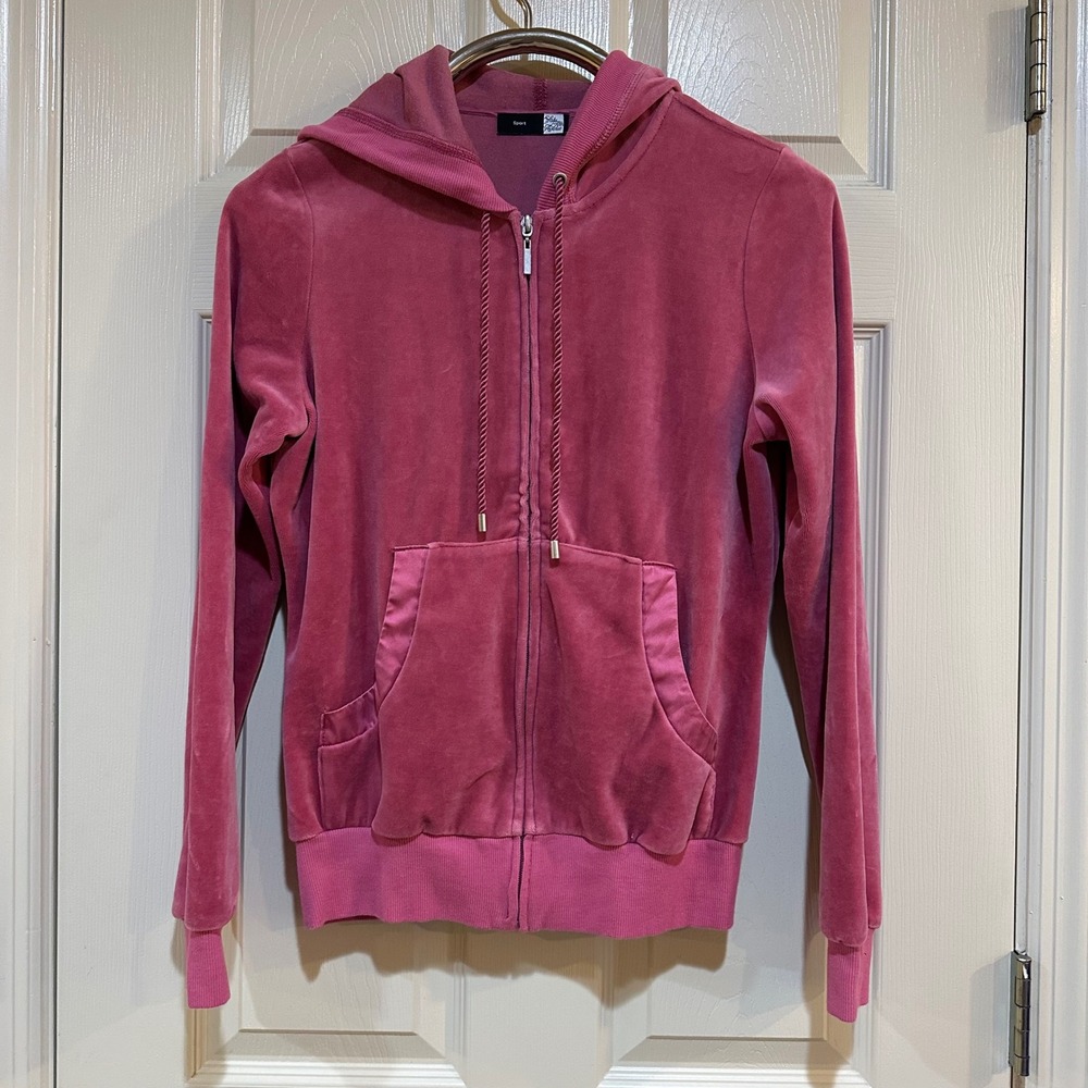 Saks Fifth Avenue‎ Sport Pink Velour Zip Up Hoodie Sweatshirt Womens Medium